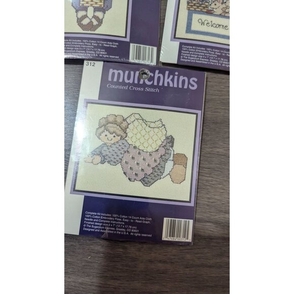 Munchkins Counted Cross Stitch Kits Set Of 3 Angel Bunny Welcome Patterns 5"x7" - Picture 3 of 5